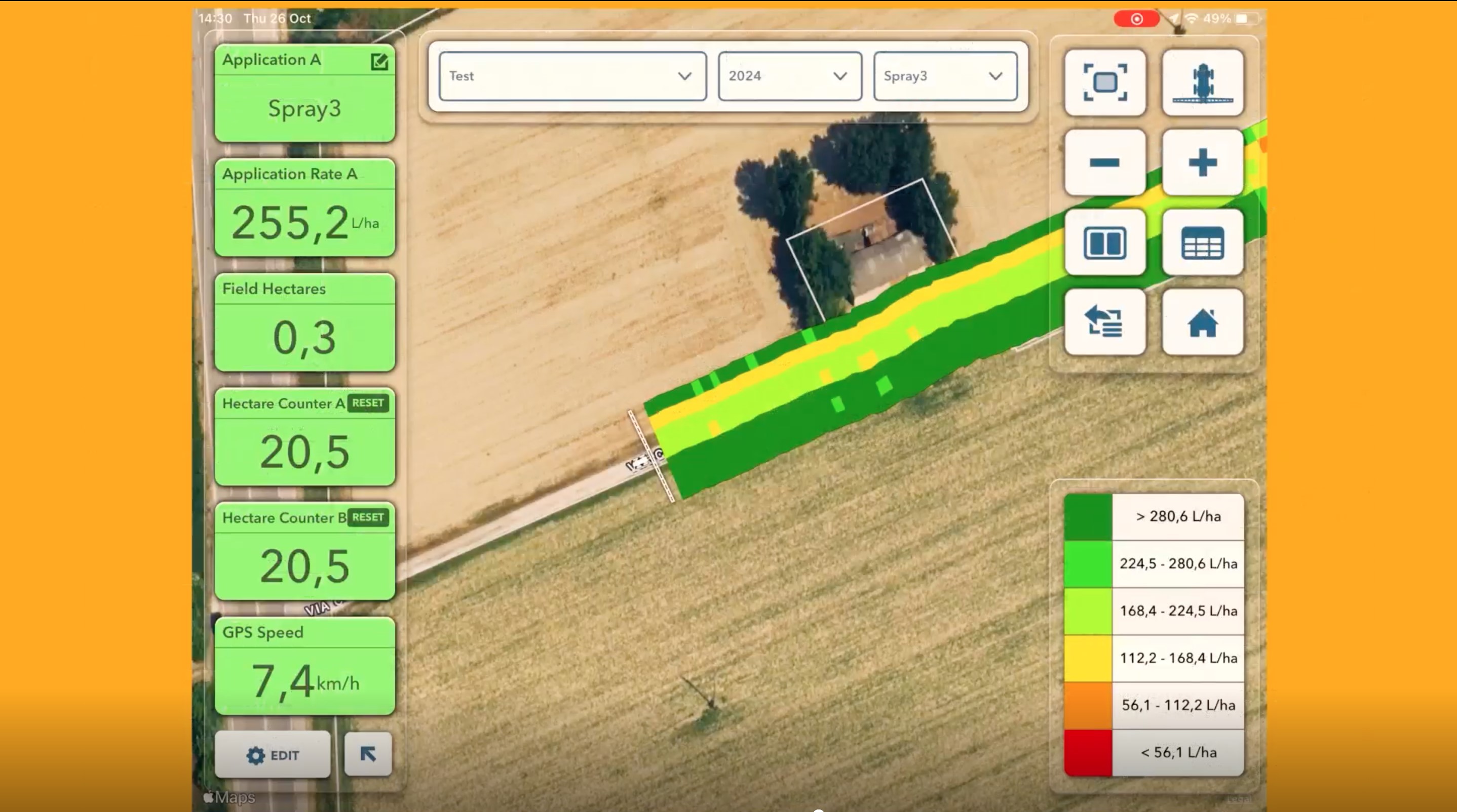 FieldView Cap App spraying map with hydraulic sections colored